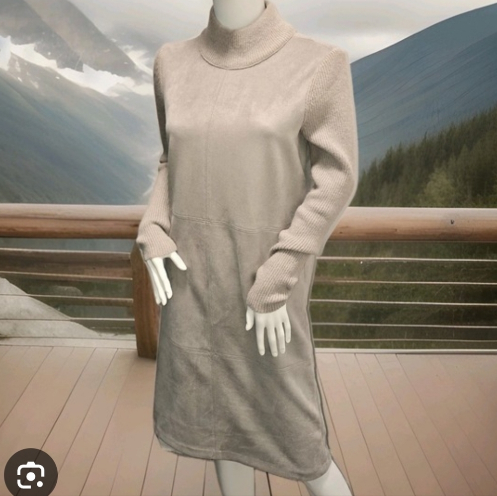 Ann Taylor Faux Suede Ribbed Knit Mock Neck Sweater Dress Taupe Grey Womens M